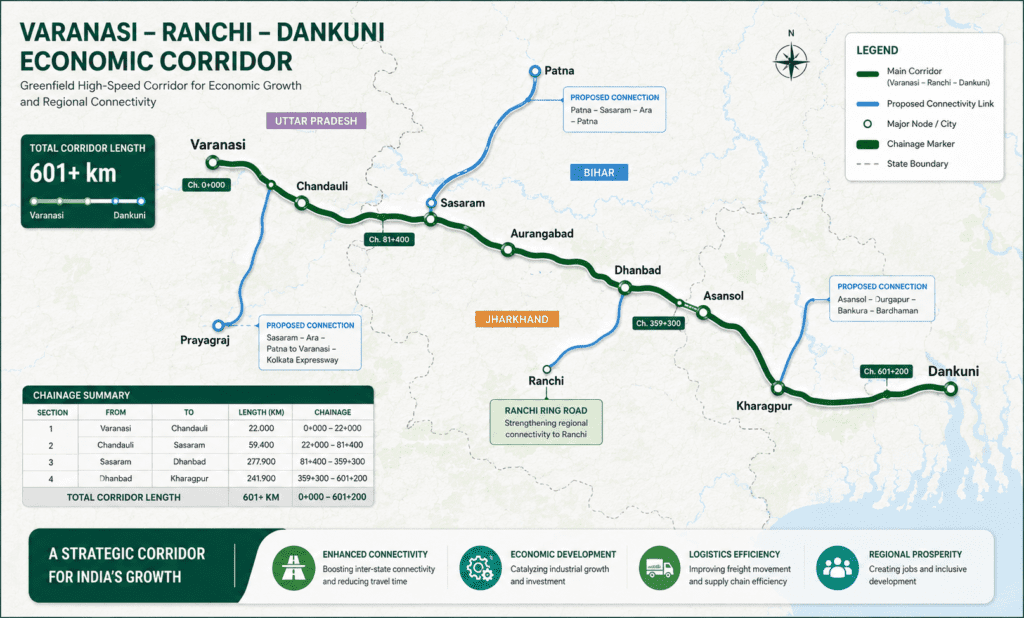 Ranchi-Varanasi Economic Corridor (NH-319B) ka poora route, ₹35,000 crore lagat, 2028 timeline aur Jharkhand ke fayde — sabkuch ek jagah. Ranchi-Varanasi Economic Corridor (NH-319B) ka poora route, ₹35,000 crore lagat, 2028 timeline aur Jharkhand ke fayde — sabkuch ek jagah.